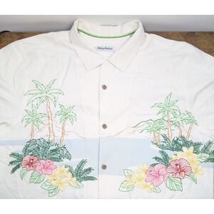 Tommy Bahama Silk Shirt Mens XL White Hawaiian‎ Floral Embroidered Beach Island